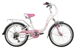 Велосипед NOVATRACK 20" BUTTERFLY сталь, белый-розовый, 6-скор, TY21/RS35/SG-6SI, V-brake, баг153801