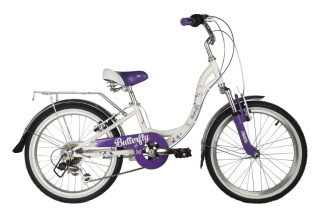 Велосипед NOVATRACK 20" BUTTERFLY сталь, белый-фиолет., 6-скор, TY21/RS35/SG-6SI, V-brake, баг153802