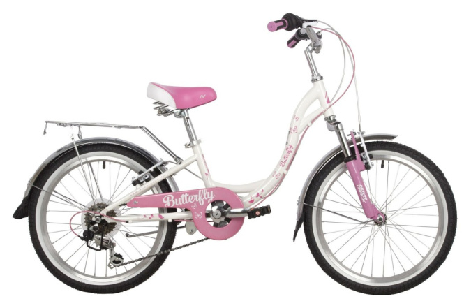 Велосипед NOVATRACK 20" BUTTERFLY сталь, белый-розовый, 6-скор, TY21/RS35/SG-6SI, V-brake, баг153801 фото 1